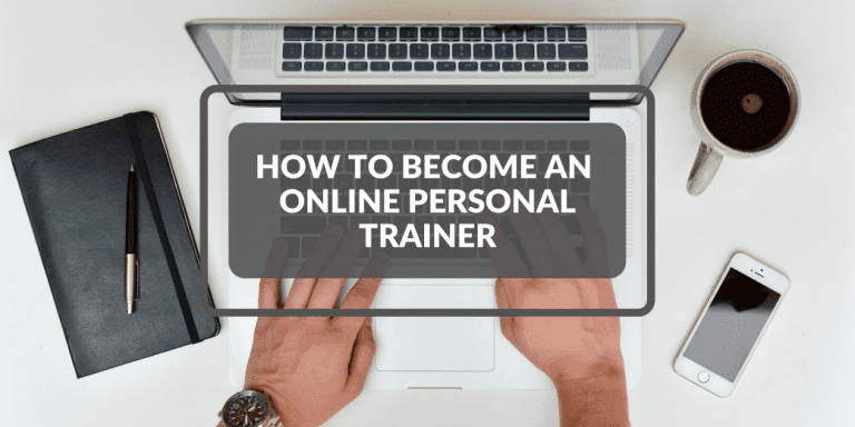 Hands typing on a laptop keyboard, surrounded by a notebook, a cup of coffee, and a smartphone, with the text 'How to Become an Online Personal Trainer' displayed on the screen.
