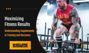 An image of a muscular person with tattoos doing a weightlifting exercise in a gym, wearing a red tank top with the words "BACON AND BARBELLS." The left side has text overlay in bold white letters stating "Maximizing Fitness Results," with a subtitle "Understanding Supplements in Training and Recovery." The bottom features the logo of "INSURE FITNESS GROUP" in an orange rectangle. Associated with muscle-building supplements as part of a fitness and recovery regimen.