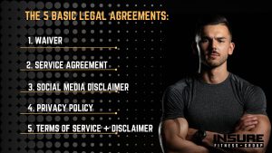 Fitness trainer presenting five basic legal agreements for fitness businesses: 1. Waiver, 2. Service Agreement, 3. Social Media Disclaimer, 4. Privacy Policy, 5. Terms of Service + Disclaimer.
