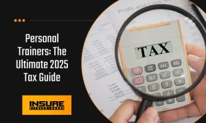 A magnifying glass focuses on a calculator with the word "TAX" displayed on its screen, set against a background of financial documents showing profit and loss statements.