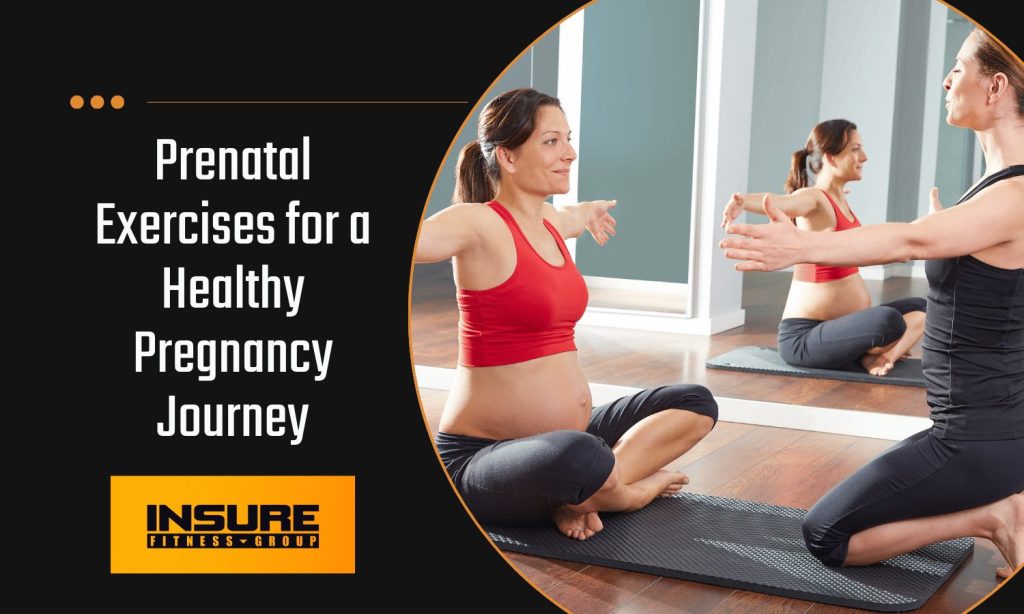 Instructor guiding a woman through seated prenatal stretches in a fitness studio.