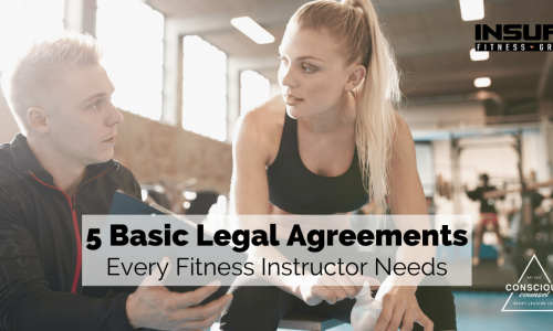 5 Basic Legal Agreements Every Fitness Instructor Needs (1) Female fitness instructor talking to a client in a gym setting with the text overlay: '5 Basic Legal Agreements Every Fitness Instructor Needs