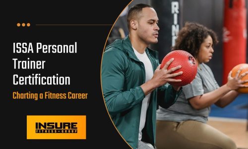 An image featuring a personal trainer instructing a client in a gym setting. The trainer, wearing a blue shirt, is demonstrating proper exercise form, while the client attentively follows instructions. The left side of the image includes text that reads "Achieving Success with ISSA Certification" in bold white letters, with "Guide to ISSA Personal Trainer Certification" in a smaller font below it. The "INSURE FITNESS GROUP" logo is displayed in an orange rectangle at the bottom. This image is related to content discussing the benefits and guide to obtaining an ISSA Personal Trainer Certification.