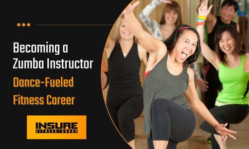how to become a zumba instructor An exuberant group of diverse people following a Zumba class, with a joyful instructor in the foreground, showcasing a mid-dance pose with a wide smile. The left part of the image features bold text 'Becoming a Zumba Instructor - Dance-Fueled Fitness Career' against a dark background, and the logo of INSURE FITNESS GROUP is at the bottom. This visual captures the essence of how to become a Zumba instructor.